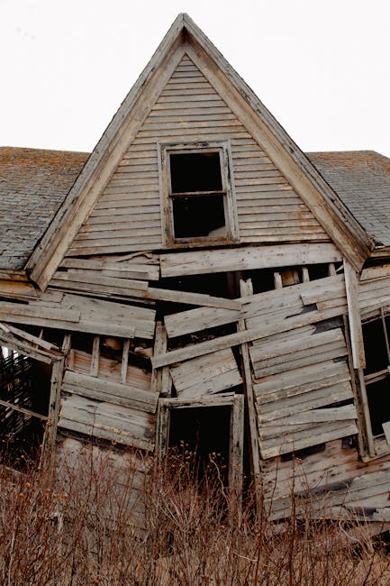 Weathered lumber shed with broken walls and rusty roof located in grassy countryside